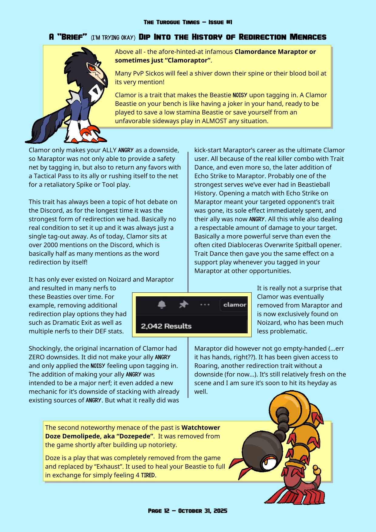 Page 12 of the Turogue Times, a Beastieball newsletter. This page is a Mechanics Deep Dive about redirection. For a more screen reader friendly format, please see the PDF download above.